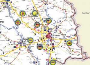 Схема размещения объектов придорожного сервиса на автодорогах Гомельской области